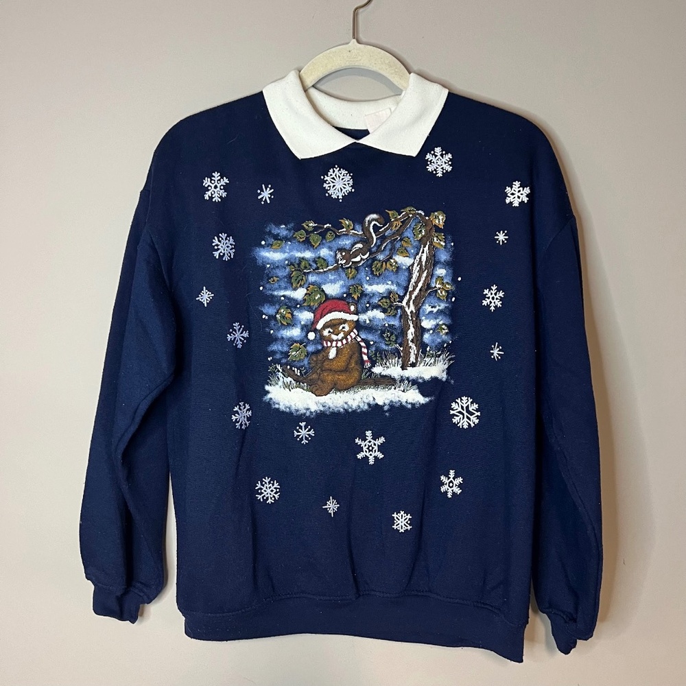 Vintage 1990s Ugly Xmas Sweater Santa Chipmunk Squirrel Cute Forest Critter